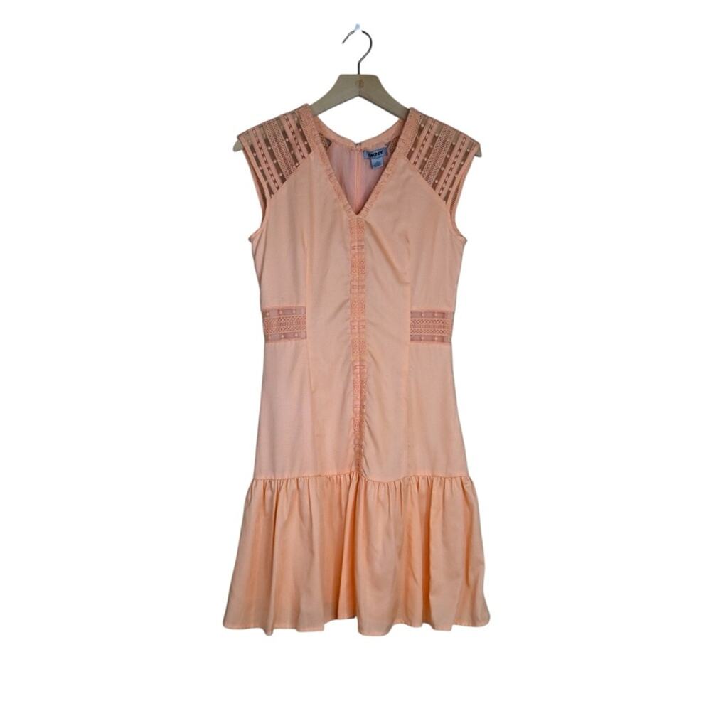 DKNY Women's 0 Peach V-Neck Ruffle Drop Waist Lined Dress